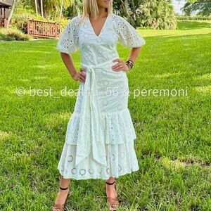 Zara White Eyelet Midi Dress with Tie Waist